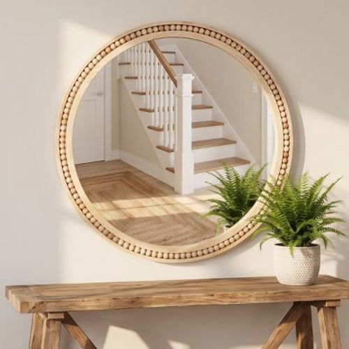30" Round Wall Mirror with Beaded Wood Frame, Natural Rustic Farmhouse Decorative Accent Mirror for Bathroom Vanity, Entryway & Living Room-Panipeachy