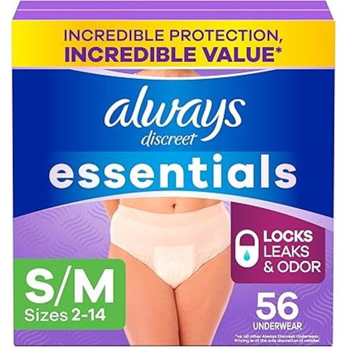 Always Discreet Essentials Adult Diapers for Women, Postpartum Essentials, Disposable Briefs, Unscented Incontinence Underwear Bladder Leak Protection, Size S/M, 56 Count