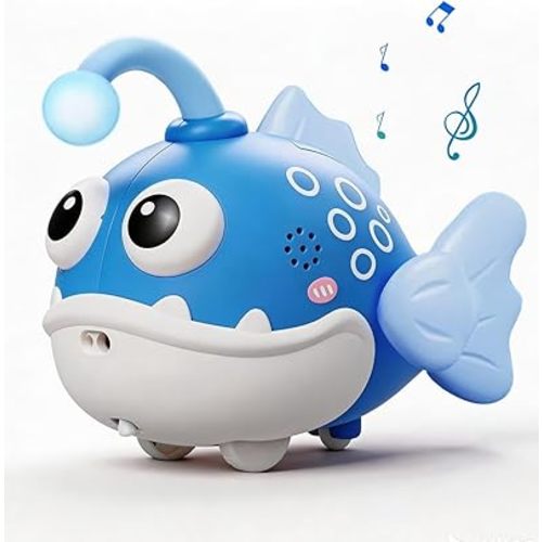 Baby Crawling Toy Lantern Fish, Infant Tummy Time Toys & Musical Light Up 60 Songs, Early Development Toy for Infants and Toddlers 6-18 Months(Blue)