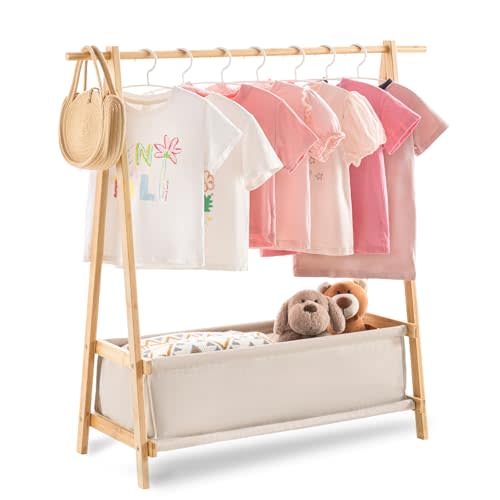 Kids Clothing Rack with Storage Box, Kids Dress Up Rack, Dance Costume Garment Rack for Hanging Clothes,Garment Rack for Hanging Clothes Organizer, Bamboo (Natural)