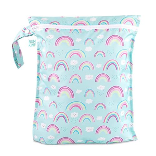 Bumkins Waterproof Wet Bag, Washable, Reusable for Travel, Beach, Pool, Stroller, Diapers, Dirty Gym Clothes, Wet Swimsuits, Toiletries, 12x14 – Rainbows