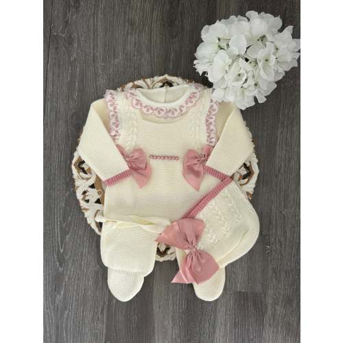 Rose Petal Lace Knit Romper Set in Ivory and Old Pink