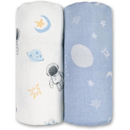 GLLQUEN BABY Muslin Swaddle Blankets Breathable Receiving Blankets (35" x 40") 2-Pack Soft Baby Blankets for Girls and Boys Newborn Essentials Muslin Burp Cloths Swaddle Wrap Baby Gift(Astronaut)