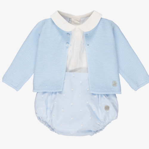 Artesanía Granlei - Baby Boys Pale Blue Buster Suit & Cardigan Set | Childrensalon