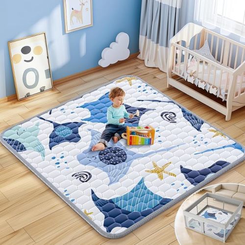 Omzer Baby Play Mat 50x50 Inch Thick & Soft Cushioned Playmat for Playpen | Non-toxic Fabric, Non-Slip Silicone Backing, Machine Washable, Fresh & Cute Ocean Designs, Mat for Infants, Babies, Toddlers