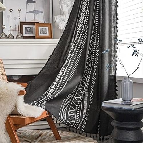 ColorBird Boho Semi-Blackout Curtains 2 Panels Bohemian Style Cotton Linen Darkening Curtains with Tassels Rod Pocket Window Drapes for Living Room Bedroom (52" W x 84" L, Black)