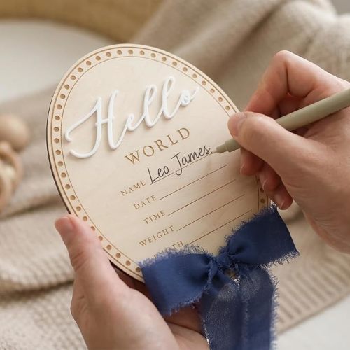 Baby Announcement Sign 6.5 Inch Wooden Hello World Newborn Welcome Sign Birth Name Plaques for Photo Props Shower Hospital Nursery (Pink)