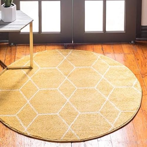 Unique Loom Trellis Frieze Collection Area Rug - Geometric (4' 1" Round Yellow/Ivory)