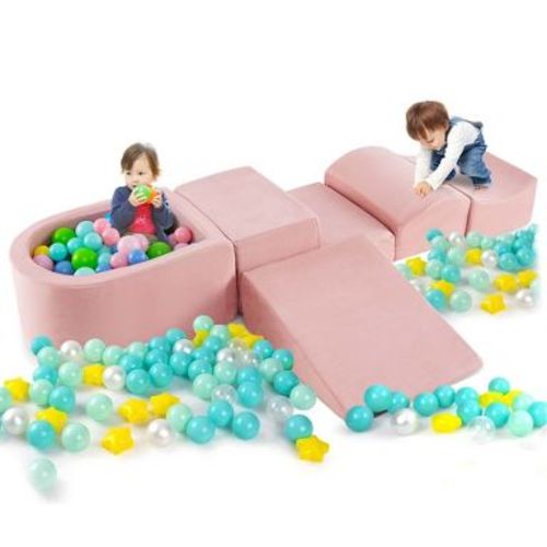 Costway 5PCS Climb and Crawl Playset with Ball Pit for Kids Zippers for Playroom Pink