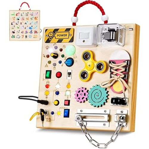 Montessori Wooden Busy Board Toys for 1 2 3 Boys Girls,Toddler Sensory Educational Fidget Board Travel Toy with LED Light Up Switches & Music Boxes, Locks for Kids Gifts