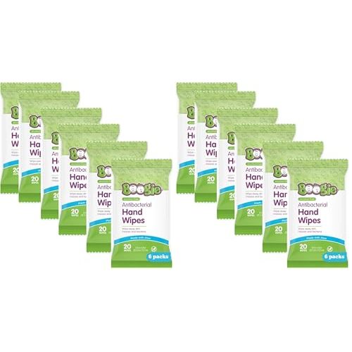 Antibacterial Hand Wipes by Boogie, Alcohol Free, Hypoallergenic and Moisturizing Aloe, Hand Wipes for Kids and Adults, 12 Packs of 20 (120 total wipes)