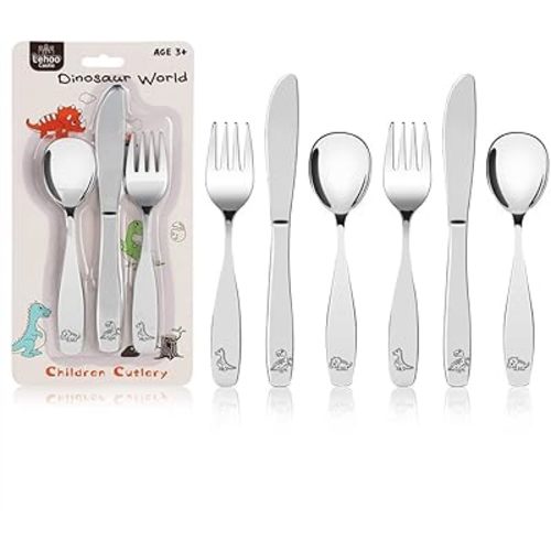 Lehoo Castle Kids Silverware Stainless Steel 6-Piece - Toddler Spoons and Forks Knife Set, Toddler Utensils for 3 Year Old, Child-Safe Flatware for Self Feeding (Dinosaur)