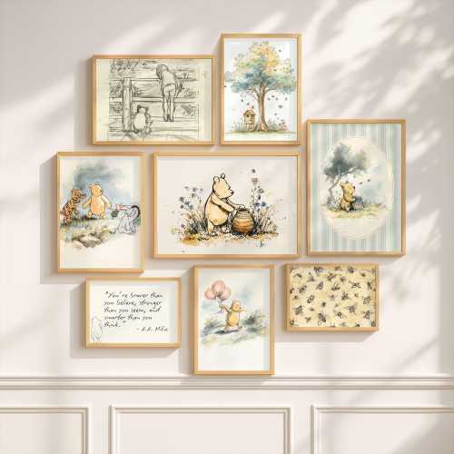 Winnie-the-Pooh Nursery Wall Art Digital Print Kids Room Woodland Gallery Set Childrens Playroom Boho Watercolor Painting Neutral Bundle Boy