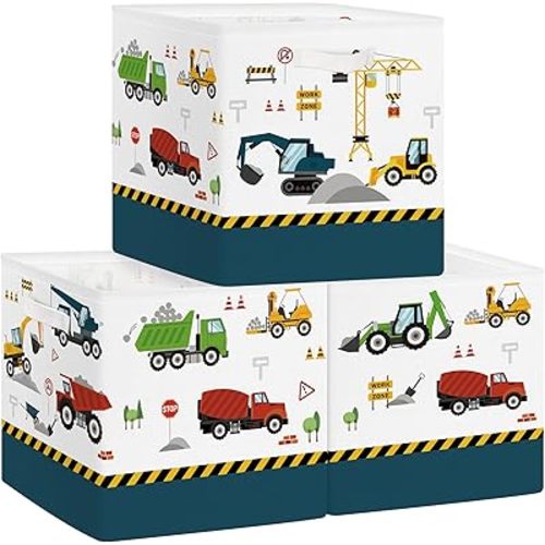 Clastyle Cars Kid Storage Cube Organizer Set Closet Clothes Cube Storage Bin Nursery Toddler Toy Box Chest Girl Boy Book Shelf Basket,Construction Vehicle,11.8x11.8x11.8 in