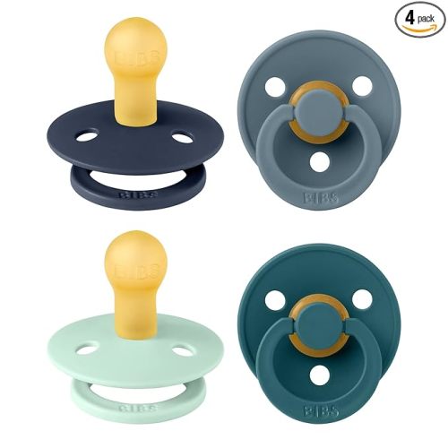 BIBS Pacifiers - Colour 4 Pack | Round Nipple Baby Pacifier | BPA Free Natural Rubber Latex Soother | Made in Denmark | Size 0-6 Months | Boy Colors