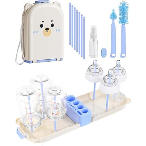 Travel Bottle Cleaner kit, 7in1 Baby Airplane Travel Essentials Silicone Travel Bottle Brush Set with Nipple, Drying Rack, Straw, & Breast Pump, Soap Dispenser & Organizer Case, Gift for Mom (Blue)