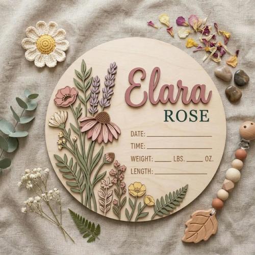 Custom Wildflower Birth Stats Sign, Wooden Baby Birth Announcement Plaque, Floral Nursery Name Sign, Baby Girl Keepsake Berry Decor