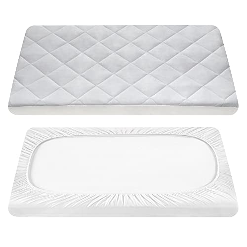 TILLYOU Pack and Play Sheets Pad - Waterproof Play Yard Playpen Sheets Pad, Soft Quilted Sheets with 1''-3'' Deep Pocket, Breathable and Fluffy, 39"x27",Light Grey
