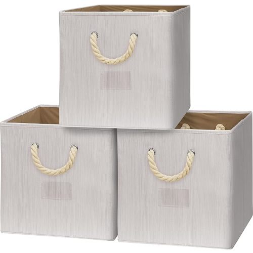 SIMPLE HOUSEWARE 13-Inch Cube Storage Bin With Braided Handles, 3 Pack, Ivory