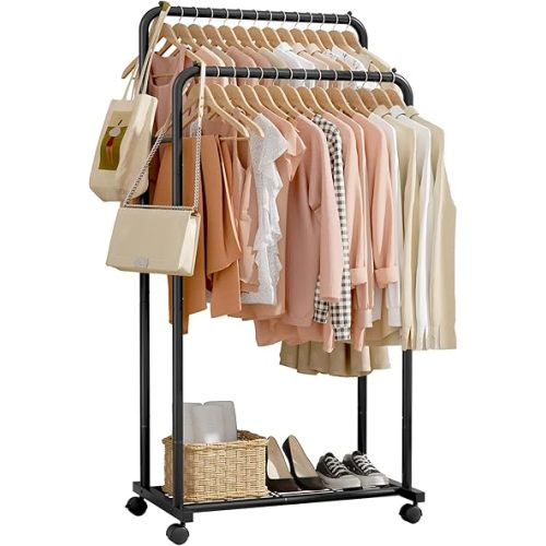 Sakugi Clothes Rack - Clothing Rack with Storage Mesh Shelf & Casters, Heavy-Duty Metal Clothing Rack for Hanging Clothes, Dresses, Coats, Large Load Capacity, Easy Assembly, Black, 28.0"x16.0"x59.0"