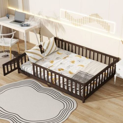 Bellemave Full Floor Bed with Fence & Door, Rubber Wood Montessori Bed Frame with Guardrails & Slats, Kids Toddler Platform Bed, Espresso