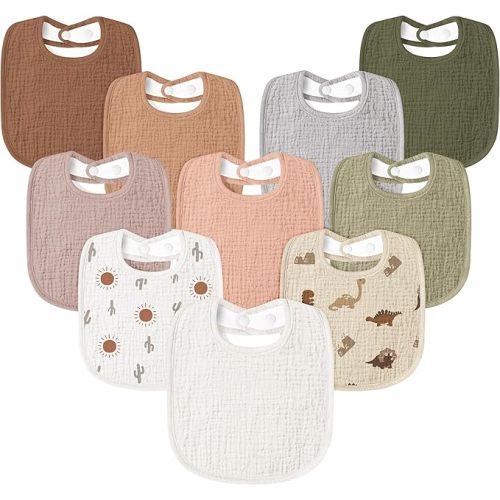 Susurration Muslin Baby Drool Bibs 10Pack Soft Square Adjustable Bandana Bibs for Unisex Baby Girls & Boys
