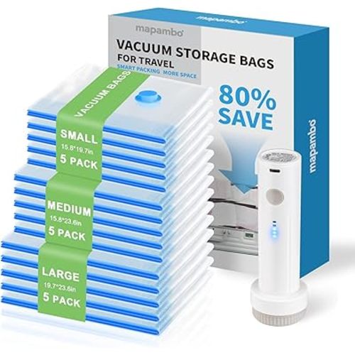 Mapambo Vacuum Seal Bags for Clothing Travel with Electric Pump, 15 Pack Vacuum Bags in 3 Combo sizes, Space Saver Vacuum Storage Bags, Reducing Luggage Volume by up to 80% (15 Combo Travel Size)