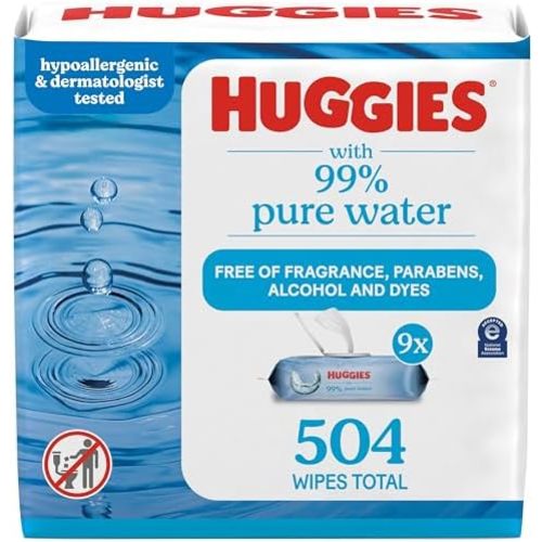 Huggies 99% Pure Water Baby Wipes, Unscented, 9 Packs, 504 Wipes