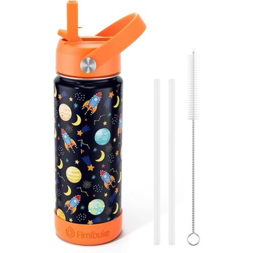 Fimibuke Kids Insulated Water Bottle, 18oz BPA FREE 18/8 Stainless Steel Kids Cup with Straw Travel Tumbler Double Wall Vacuum Leak Proof Toddler Water Bottle for School Boys Girls(1 Pack, Space)