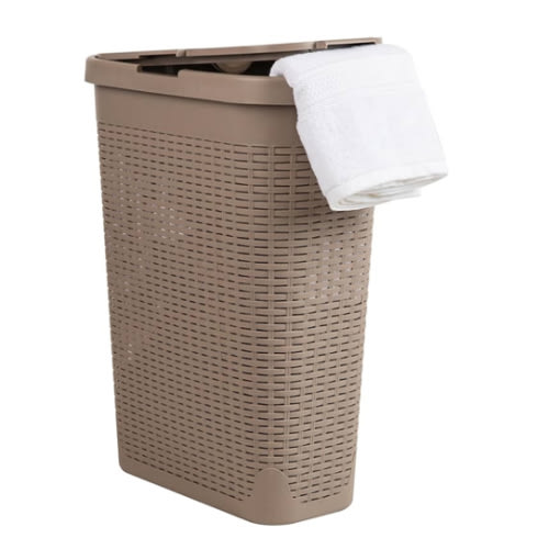 Mind Reader Slim Laundry Hamper with Lid, 40L Clothes Basket, Premium Wicker Design, Plastic, Tan