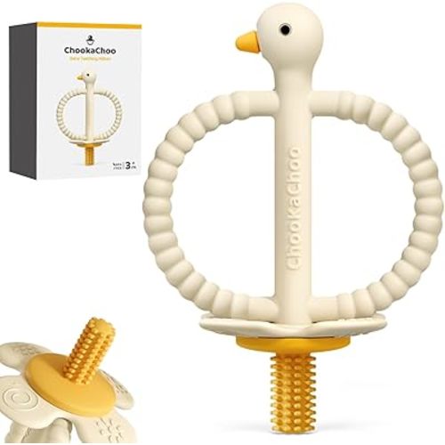 ChooKaChoo Baby Teether Toy and Training Toothbrush, Duck Silicone Teething Toys for Babies 3-12 Months, Double Ring Easy-Grip Design, Food-Grade BPA Free, Multi-Texture Relief for Gums & Molars