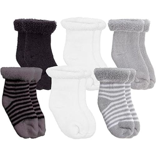 6 Pairs of Kushies Baby Terry Socks - Size 3-6 Months, Black, White & Gray, 3-6 Months