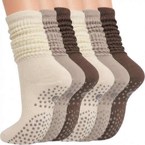 6 Pairs Pilates Socks for Women, Long Yoga Slouch Socks with Non Slip for Barre, Workout, Hospital & Cozy Home Comfort