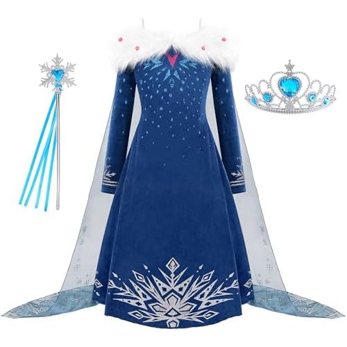 knemmy Princess Costume for Girls Halloween Dress Snow Cosplay Christmas Birthday Party Dress Up Outfit Blue