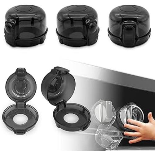 Stove Knob Safety Covers 5-Pack - Childproof & Pet Proof Locks for Gas/Electric Ovens, Heat-Resistant Clear Guards, Easy Damage-Free Install (Transparent Black)