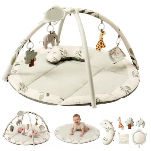 Fortella Baby Play Gym & Mat, Tummy Time Mat for Babies 0-12 Months, Green | Machine-Washable Foldable Activity Mat with 5 Detachable Toys; Certified Safe Newborn Essentials Gift for Baby Registry