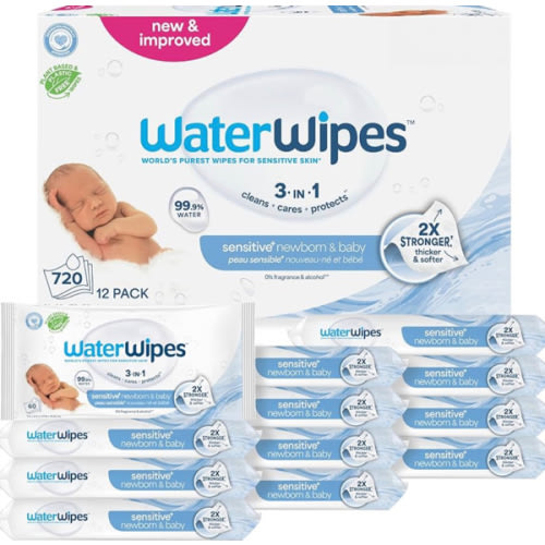 WaterWipes Sensitive+ Newborn & Baby Wipes, 3-In-1 Cleans, Cares, Protects, 99.9% Water, Unscented & Hypoallergenic, 720 Count (12 Packs)
