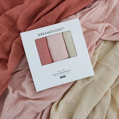 Dreamology Muslin Swaddle Blankets for Boys and Girls,3-Pack Soft & Breathable, Skin-Friendly, Soft Silky Wrap Cotton Baby Muslin Swaddle Blankets for Unisex Newborn (Rose/Pink/Ecru)