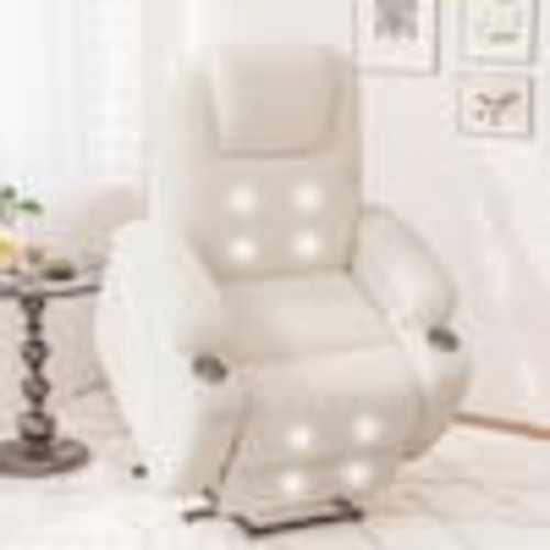 LACOO Power Lift Recliner with Massage for Elderly, Classic Single Sofa with 2-Cup Holders, White Corduroy V-LR24-0638-CBG