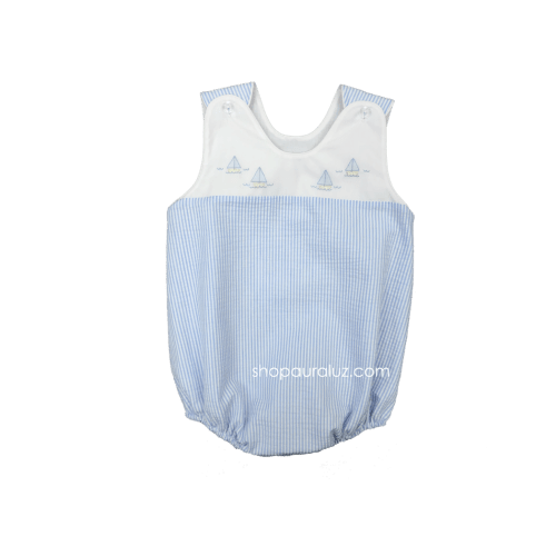 Auraluz Sleeveless Seersucker Bubble..Blue with embroidered boats. STO – AURALUZ