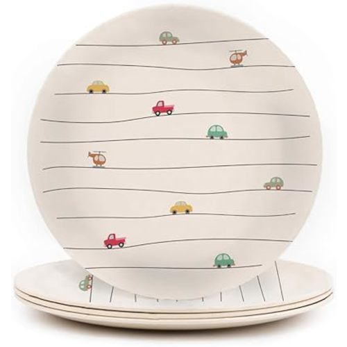 Nook Theory 4 Pack Reusable Bamboo Plates - Non-Toxic Plate, Dishwasher Safe, Not Microwavable Dinnerware (Vroom 8")