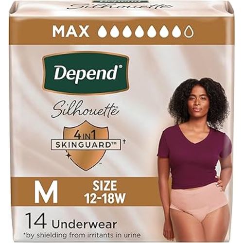 Depend Silhouette Adult Diapers, Incontinence & Postpartum Bladder Leak Underwear for Women, Maximum Absorbency, Medium, Pink, 14 Count, Packaging May Vary