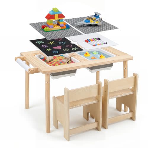 HONEY JOY Sensory Table and Chair Set, Wooden Sand & Water Activity Set w/Adjustable Height, Dual Sided Top, 2 Bins, Paper Roll & 2 Hooks for Art, Study, Craft, Gift for Boys Girls 3+