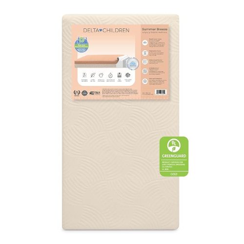 Delta Children Summer Breeze Mattress - Breathable Baby Crib & Toddler Mattress with Cloud Core - Machine Washable Cover - GREENGUARD Gold – Waterproof - Sustainably Sourced Core, Apricot/White