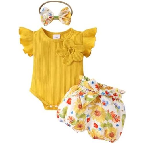 Tiny Cutey Baby Girl Clothes Infant Summer Outfits Set Ruffle Sleeve Romper and Floral Shorts with Headband