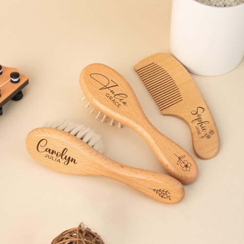 Wildflower Baby Hairbrush with Name, Custom Wood Comb Grooming Set, Girls Brush and Comb Set, Christmas Gifts for Newborn, Baby Shower Gift