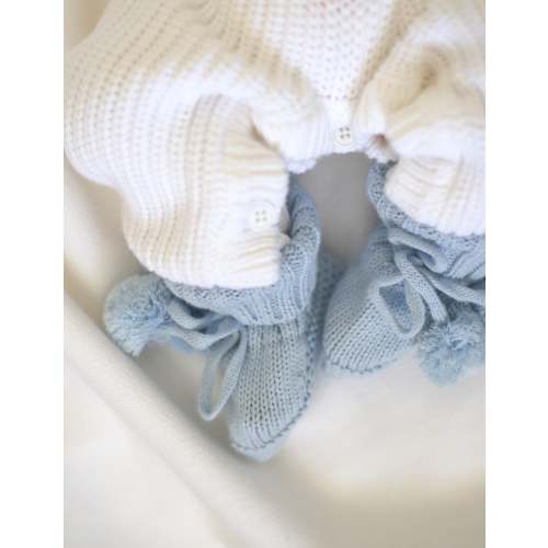 Blue knit baby pompom booties – Penny and Co Collections