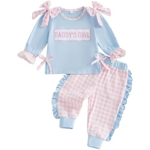 Amiblvowa Daddy's Girl Clothes Set Toddler Baby Valentines Outfit Long Sleeve Bow Side Shoulder Shirt Ruffle Plaid Pants