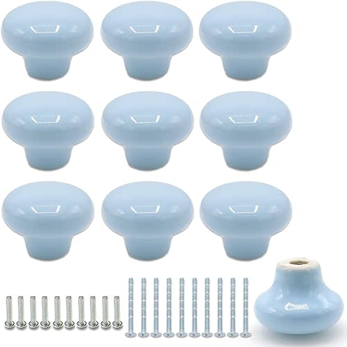 Joyangy 10Pack Ceramic Cabinet Knobs, 1.26Inch/32mm Sky Blue Round Drawer Dresser Knob Pulls Handle with Screws, for Kitchen Cupboards, Wardrobes, Children's Rooms, Bedroom Furniture & Office Desks