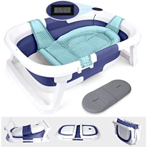 BEBELEH™ Collapsible Baby Bathtub with Thermometer – Bathtub + Baby tub Cushion + Baby Bath tub Kneeler – Durable Baby Bathtub Newborn to Toddler 0-24 Months.(Bathtub with Thermometer, Blue)